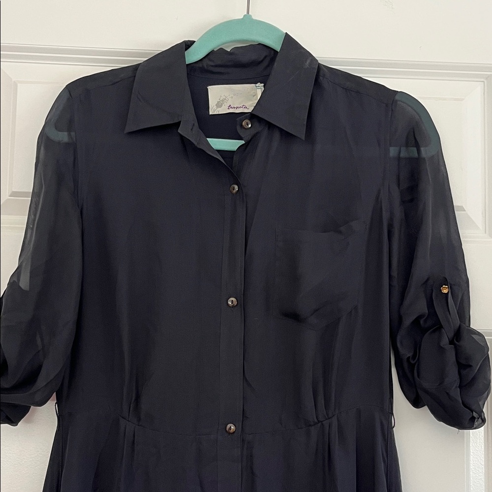 Trovata Navy Blue 100% Silk  front Button lightweight Maxi Dress Size 4 - Picture 5 of 11